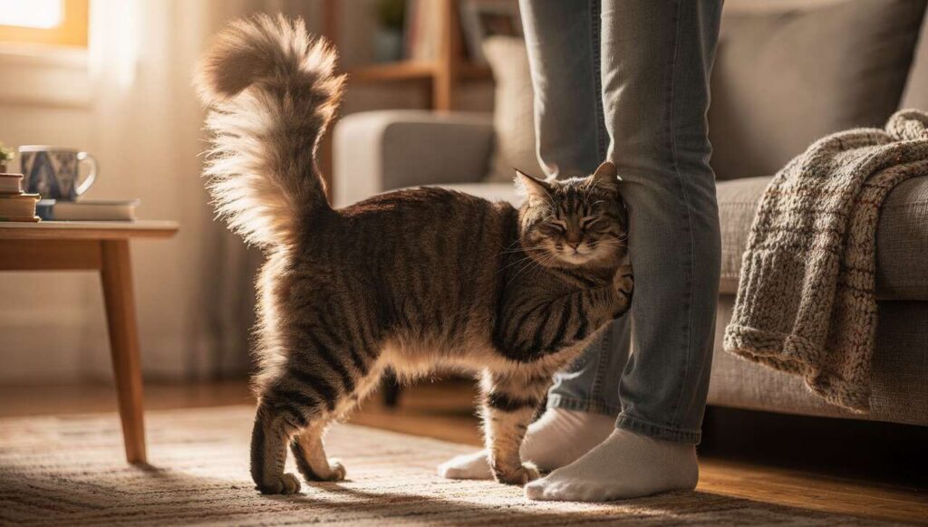 Kot podnosi ogon i ociera się o nogi: weterynarz wyjaśnia ten codzienny rytuał