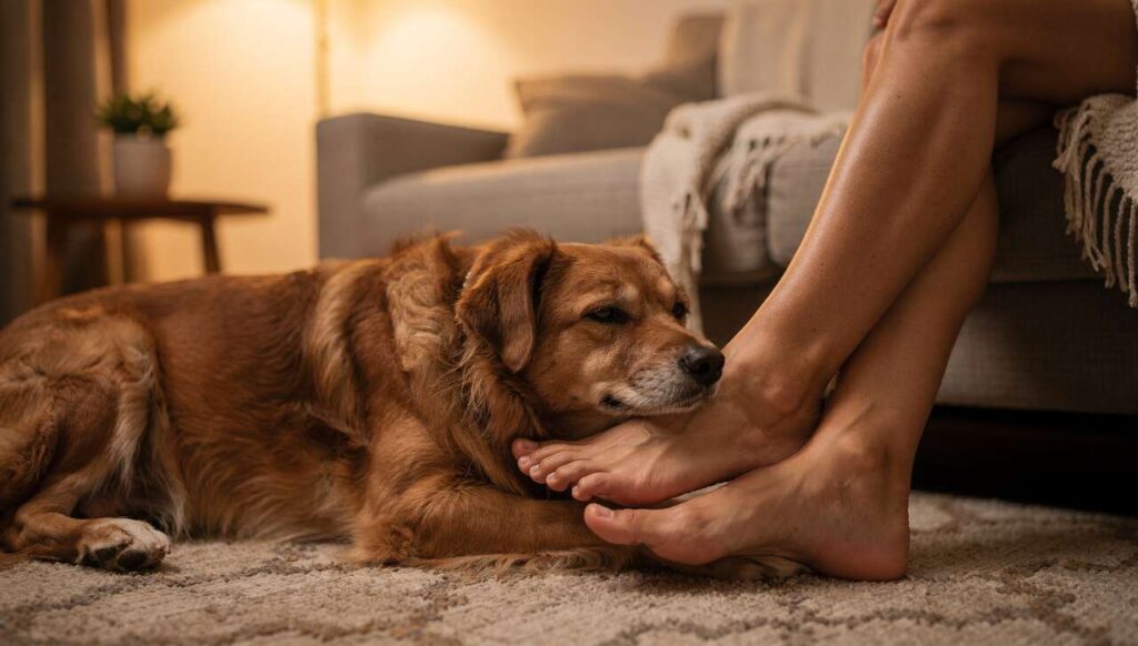 Dlaczego twój pies kładzie głowę na twoich stopach? Trenerzy podają 3 wyjaśnienia