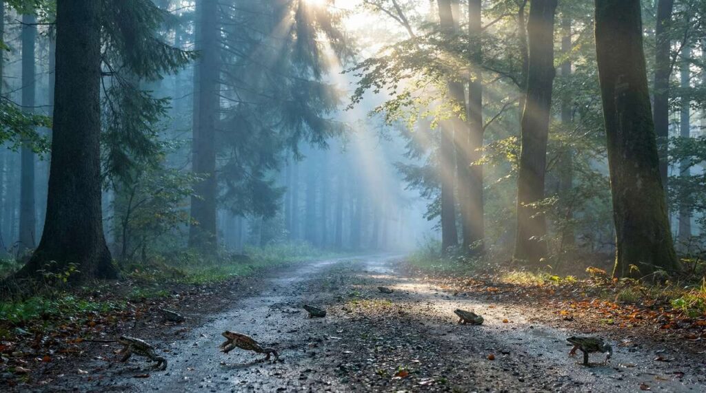 Żaby i ropuchy migrują w marcu: Lasy Państwowe proszą kierowców o ostrożność na 200 odcinkach dróg